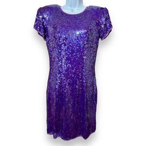 Vintage Purple Sequin Carolyne Barton Cocktail Dress 80s Party Shoulder Pads